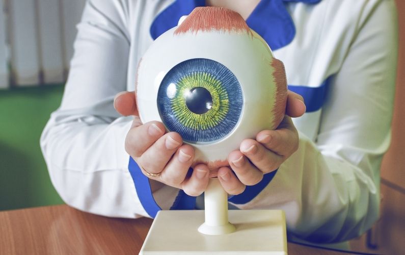 Pharmacist holding large eye for education